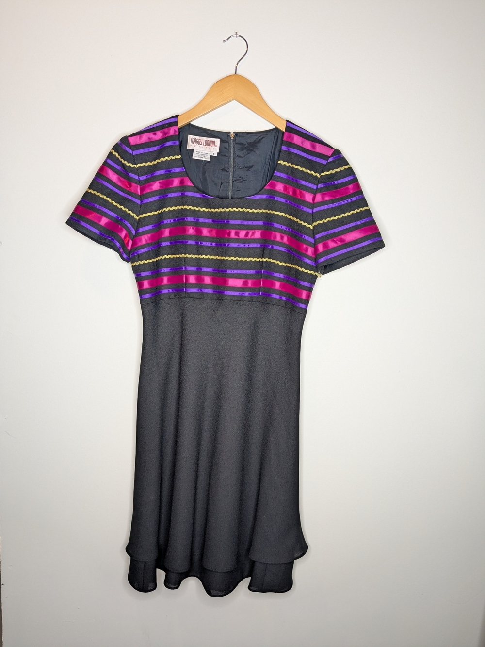 Vintage Colorblock Black Dress with Purple & Pink Stripe Bodice XS